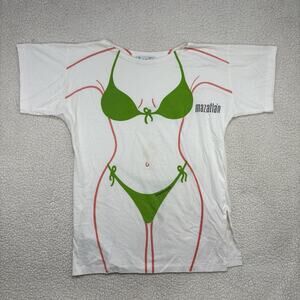 Vtg Bikini Shirt Womens One Size White Green Thong Mexico Beach Pool Cover Up